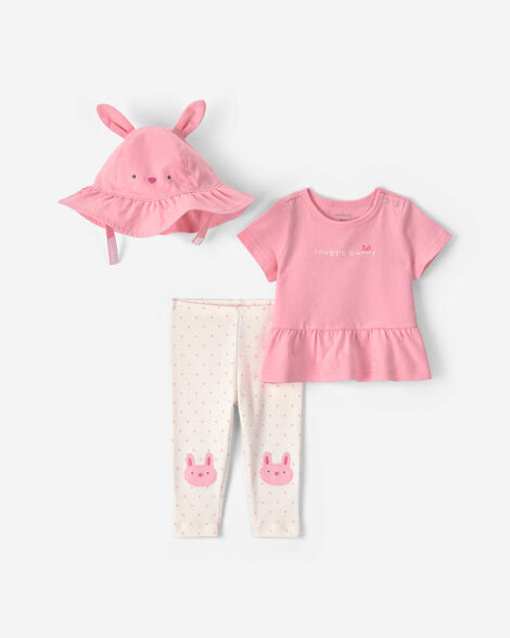 baby girl 3-piece 'snuggle bunny' polka dots top & pant set - pink/cream