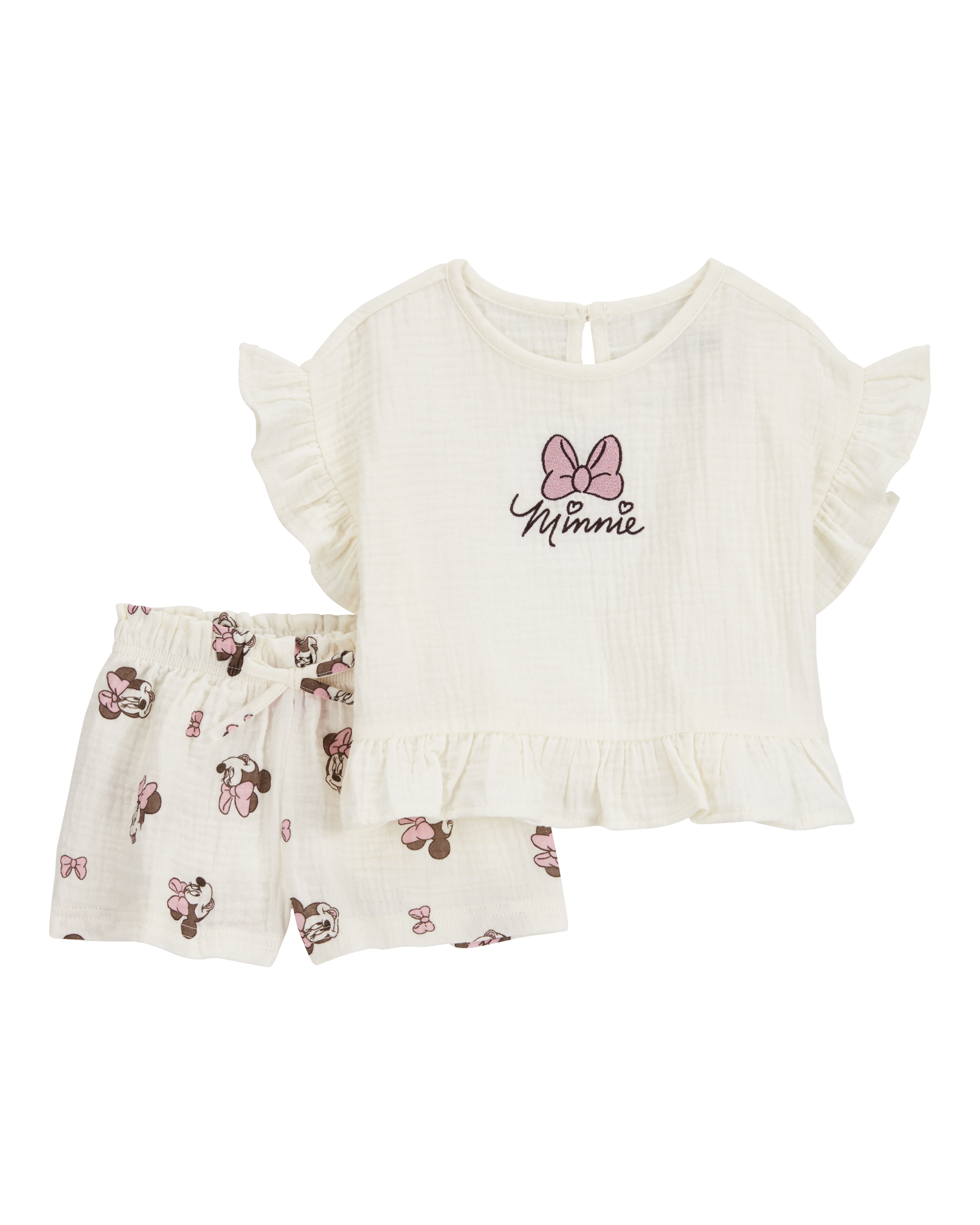 Baby Girl 2-Piece Minnie Mouse Flutter-Sleeve Gauze Top & Short Set - Cream
