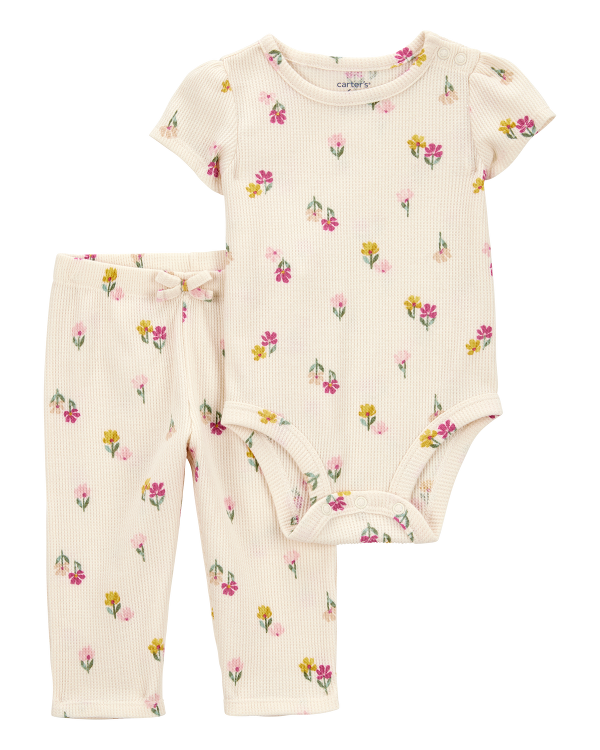 Baby 2Piece Floral ShortSleeve Waffle Knit Bodysuit Pant Set Ivory