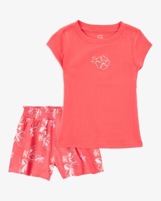 Product image 1 of Kid 2-Piece Floral Embroidered Top & Linen Look-Alike Flowy Pull-On Shorts Set - Coral
