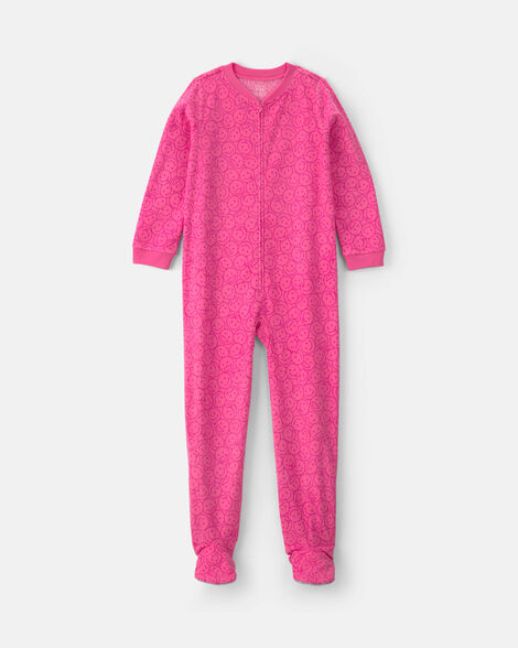 girls 1-piece smiley faces fleece loose fit footed pajama - pink