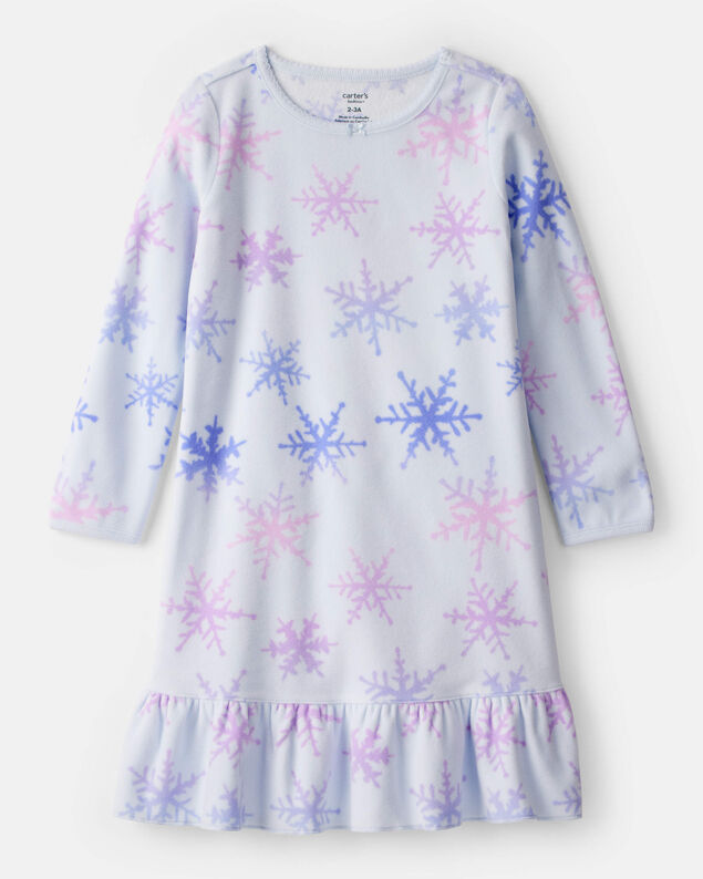 Product image 1 of Girls Snowflake Print Fleece Long-Sleeve Loose Fit Night Gown - Blue