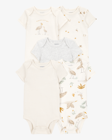 baby 5-pack striped birds short-sleeve cotton bodysuits - ivory