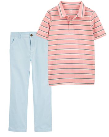 Kid 2-Piece Striped Jersey Polo & Flat-Front Pants Set
