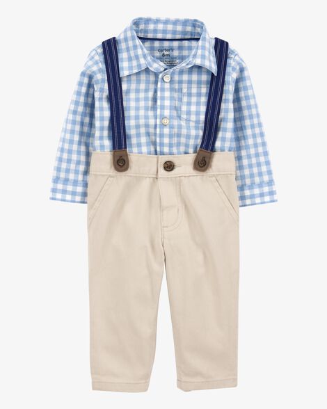  Product image 1 of Baby 3-Piece Gingham Suspender Pant Set - Blue/Khaki