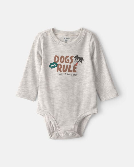 baby 'dogs rule' long-sleeve graphic bodysuit - grey