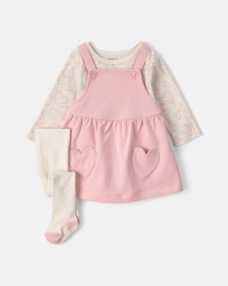 baby girl 3-piece heart valentine's day french terry long-sleeve dress set - pink/cream