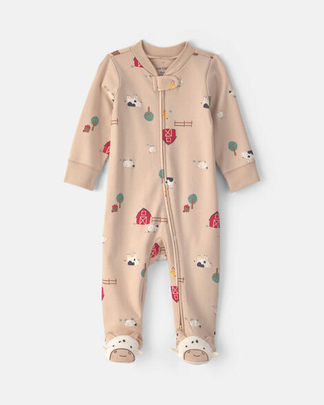 baby farm 100% cotton 2-way zip sleep & play pajamas - beige