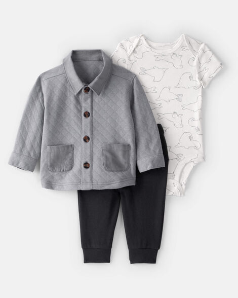 baby boy 3-piece quilted button-down outfit set - grey/black
