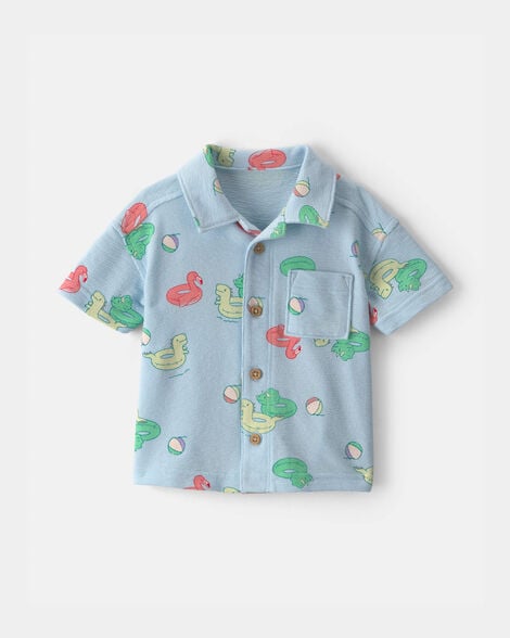 baby boy pool floatie short-sleeve button-down shirt - blue