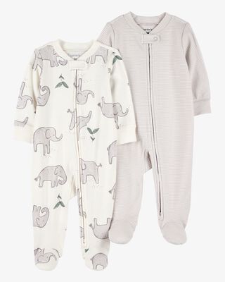 Product image 1 of Baby 2-Pack Striped Elephant 2-Way Zip Cotton Sleep & Play Pajamas