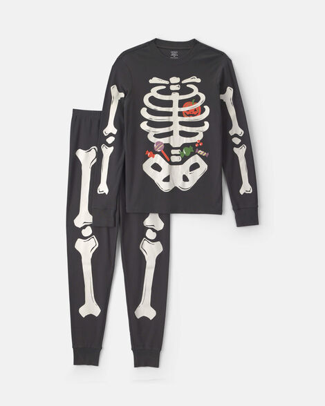 adult 2-piece halloween skeleton 100% cotton snug fit pajama set - black