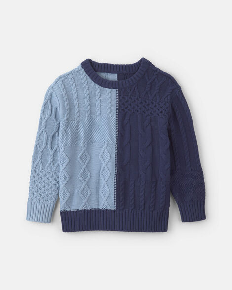 Boys Cable Knit Fair Isle Baggy Sweater - Navy Blue/Light Blue