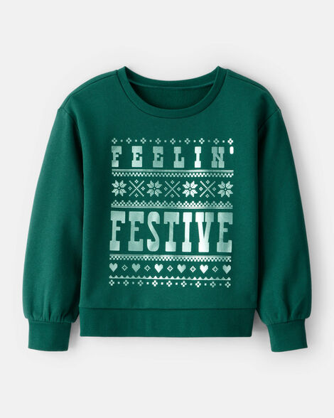 girls christmas festive long-sleeve pullover sweatshirt - green