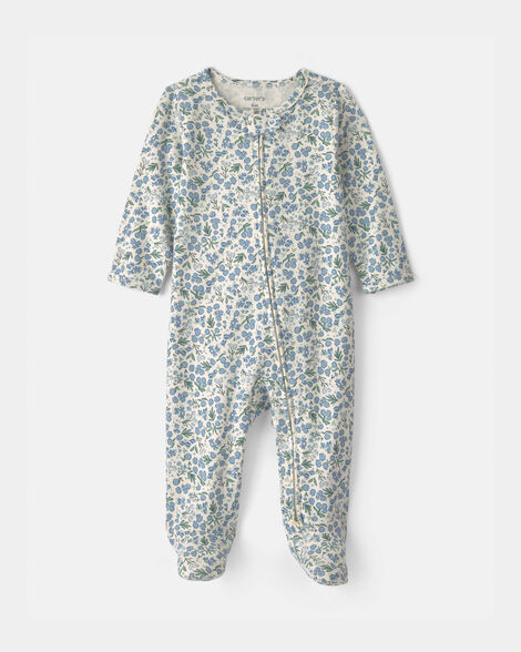 baby girl floral 100% cotton 2-way zip sleep & play pajamas - blue/ivory