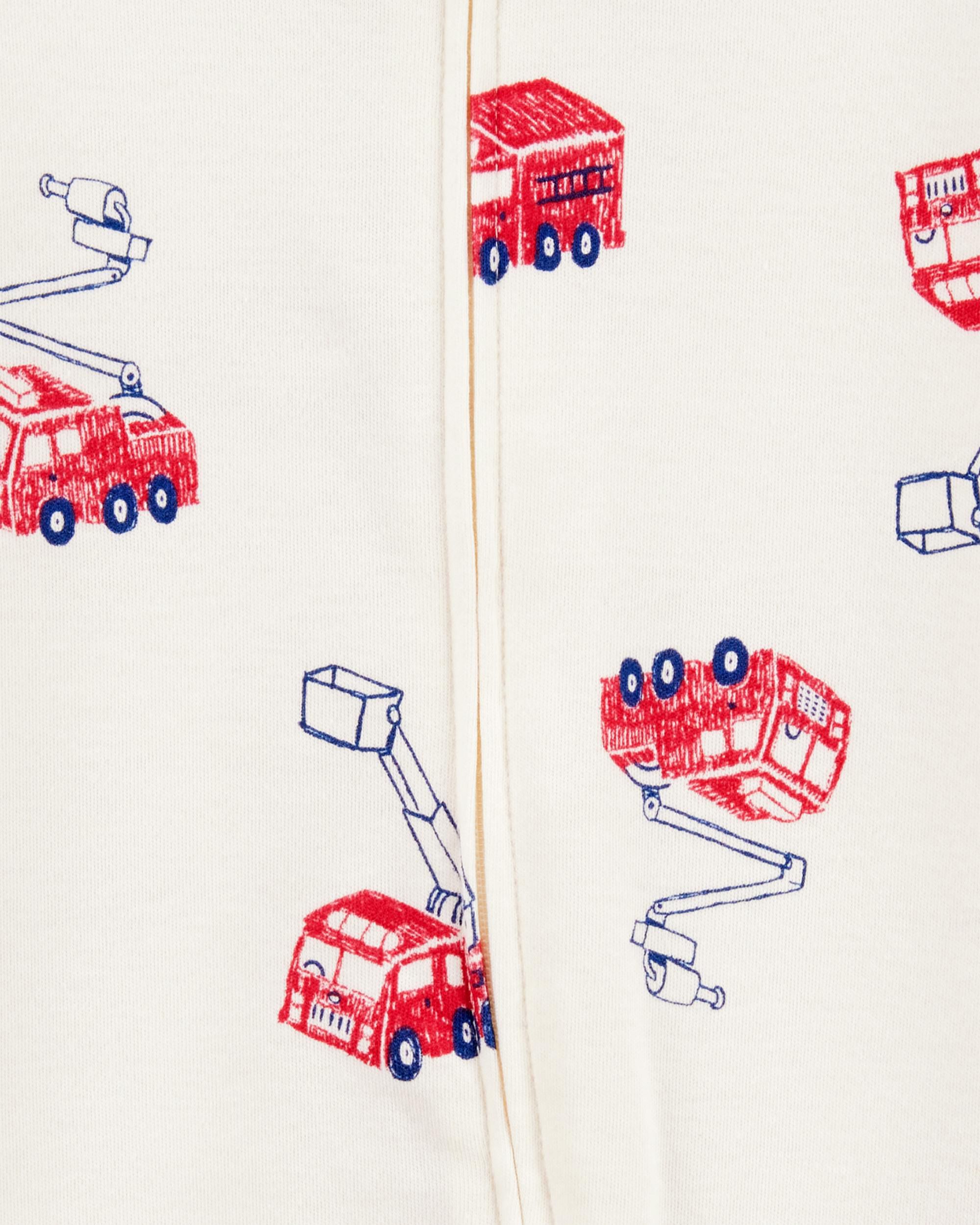 Baby Boy Fire Truck Print 2-Way Zip Cotton Sleep & Play Pajamas - Cream