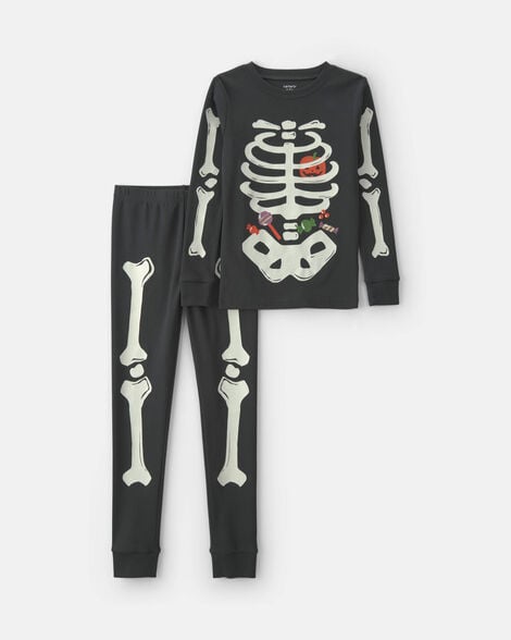 kids 2-piece halloween glow in the dark skeleton 100% cotton snug fit pajama set - black