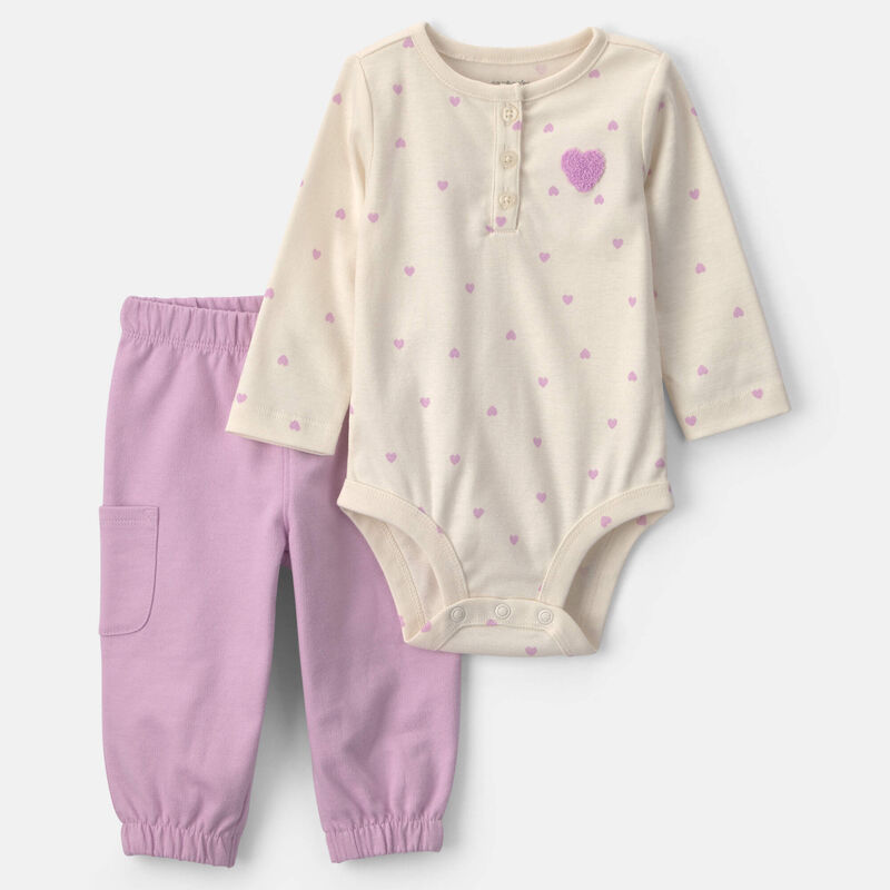 Baby Girl 2-Piece Heart Long-Sleeve Bodysuit & Pant Set - Purple/Cream