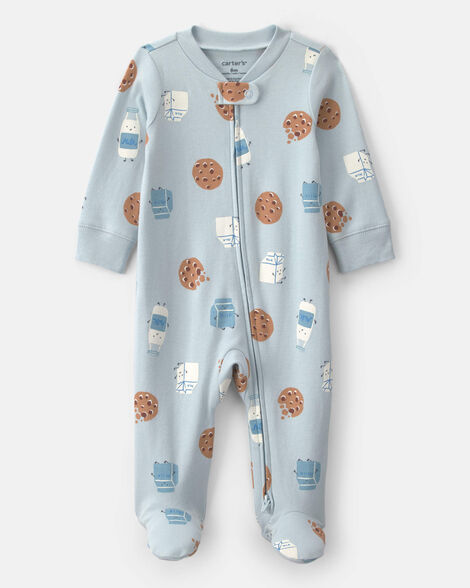 baby boy milk & cookies 100% cotton 2-way zip sleep & play pajamas - blue
