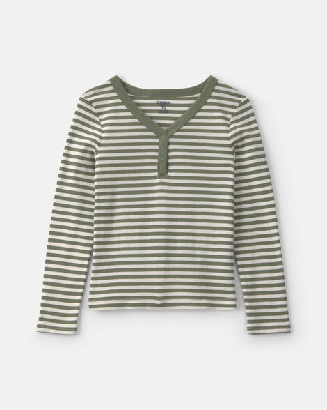 Girls Striped Long-Sleeve Rib Top - Green/White