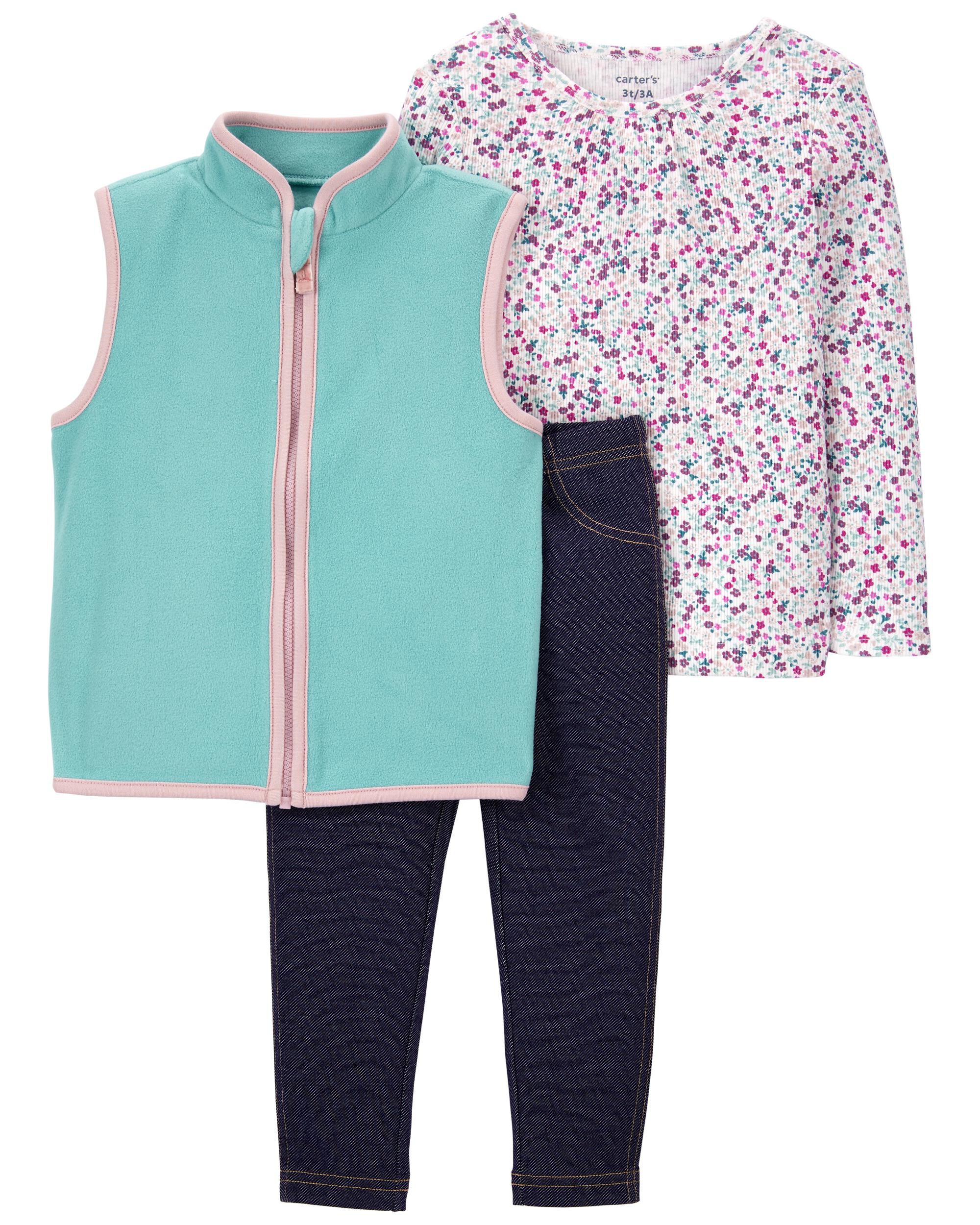 Turquoise/Pink 3-Piece Fleece Vest Set 