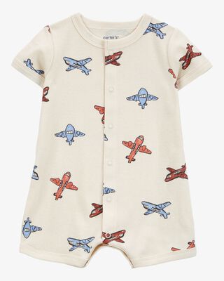 Product image 1 of Baby Airplane-Print Ribbed Short-Sleeve Romper - Cream