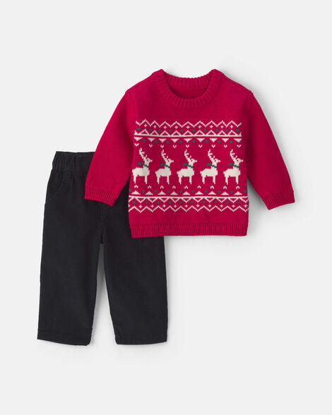 baby boy 2-piece reindeer fair isle sweater & pant set - red/black