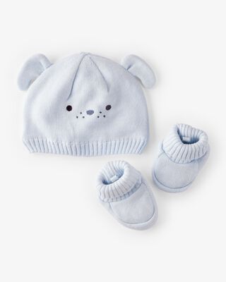 Product image 1 of Baby 2-Piece Puppy Crochet Booties & Hat - Blue 