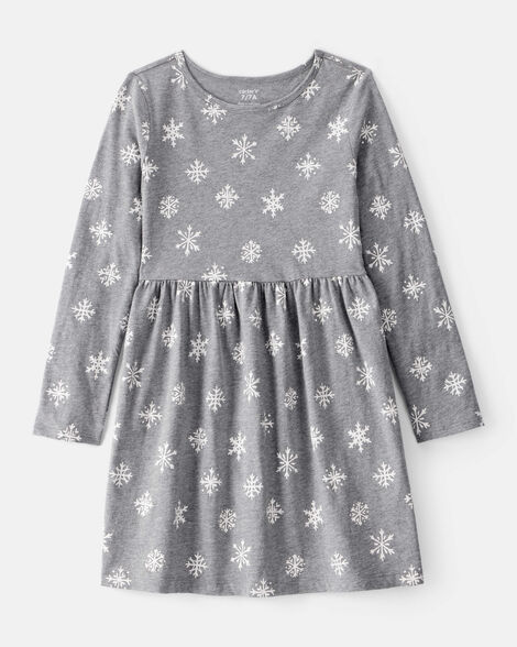 girls snowflake print cotton long-sleeve dress - grey