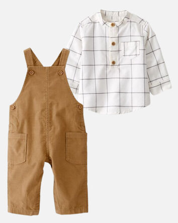 Baby 2-Piece Honey Oak Organic Cotton Corduroy Overalls & Plaid Shirt Set