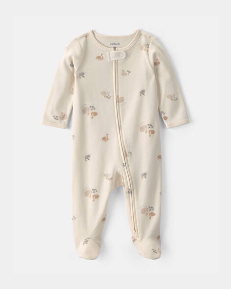baby girl swan 100% cotton 2-way zip sleep & play pajamas - ivory