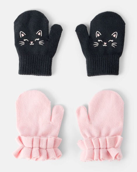 toddler girl 2-pack cat ruffled winter mittens - pink/black