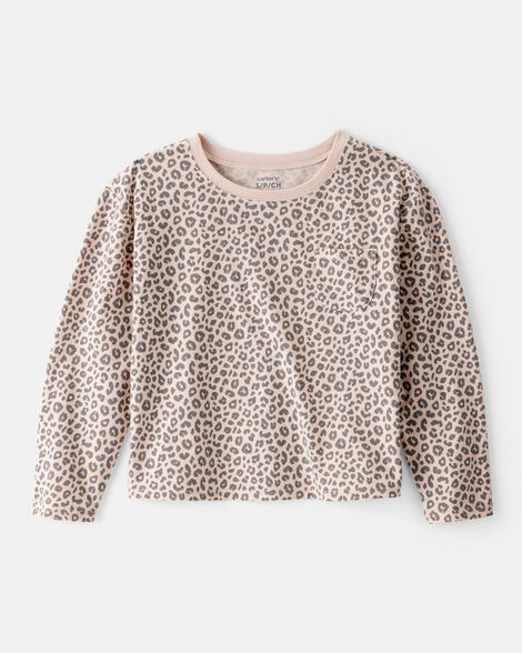 girls leopard print long-sleeve top - brown