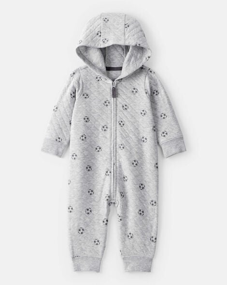 baby boy soccer quilted long-sleeve hooded jumpsuit - black