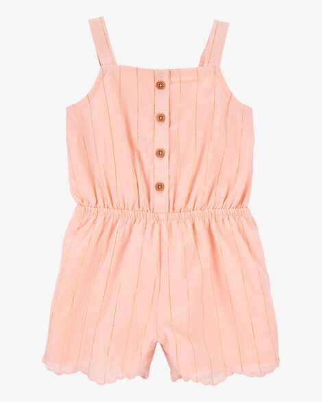 Baby Boho Button-Up Crinkle Romper - Coral