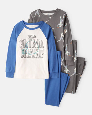 Product image 1 of Boys Football Print 100% Cotton Long-Sleeve 4-Piece Pajamas - White/Blue