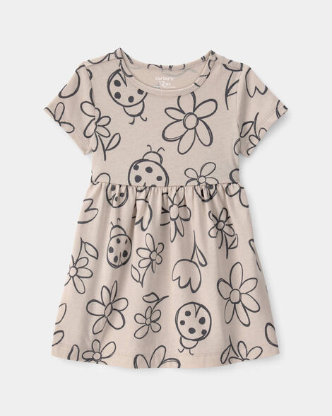 baby girl floral ladybug short-sleeve dress - brown