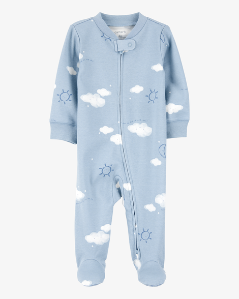 baby boy cloud print 2-way zip cotton sleep & play pajamas - blue