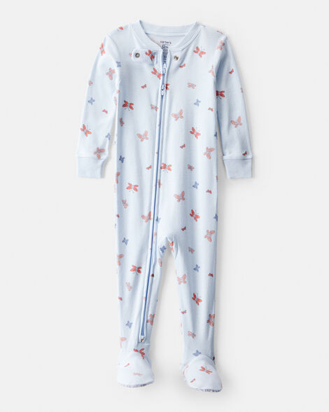 baby girl butterfly 100% cotton snug fit 2-way zip footie 1-piece pajamas - blue