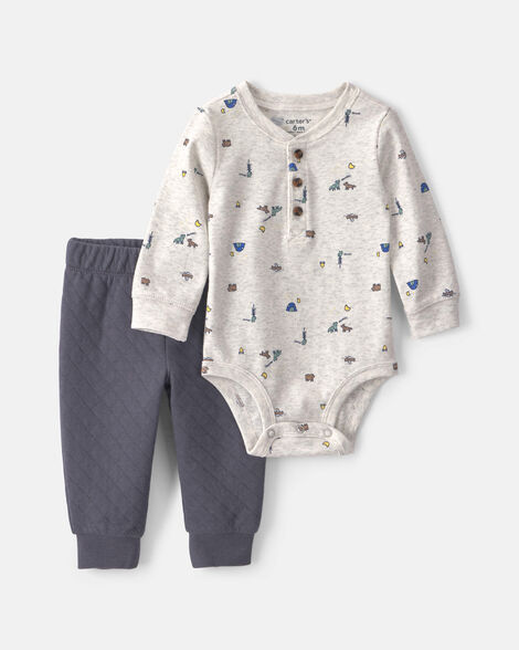 baby boy 2-piece camping long-sleeve bodysuit & pant set - grey