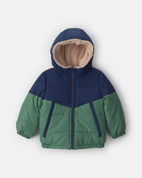 toddler boy color block hooded heavyweight quilted winter jacket - blue/green