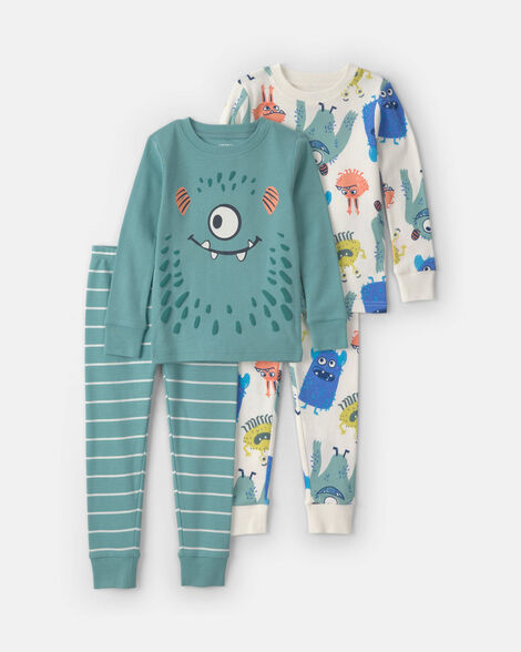 toddler boy 4-piece monster 100% cotton snug fit pajama set - teal/cream