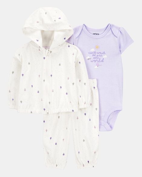 baby girl 3-piece hot air balloon print little cardigan set - white/purple