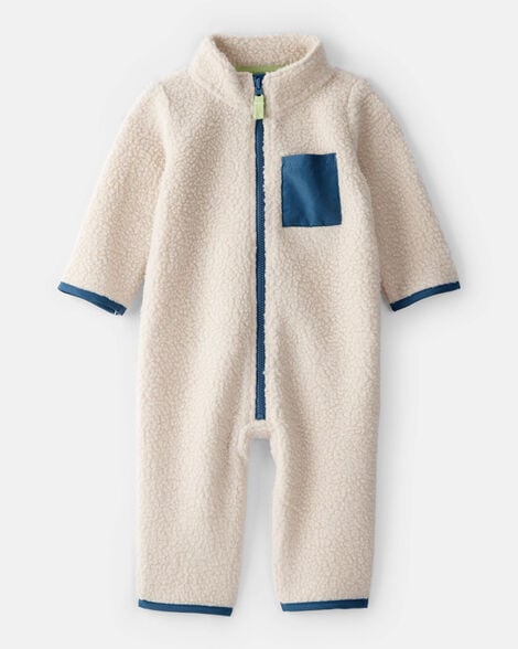 baby boy color block fleece zip-up jumpsuit - cream/blue