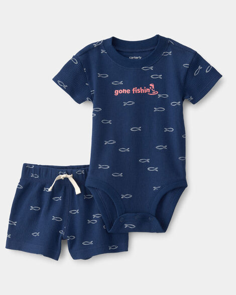 baby boy 2-piece fishing waffle-knit bodysuit & short set - blue