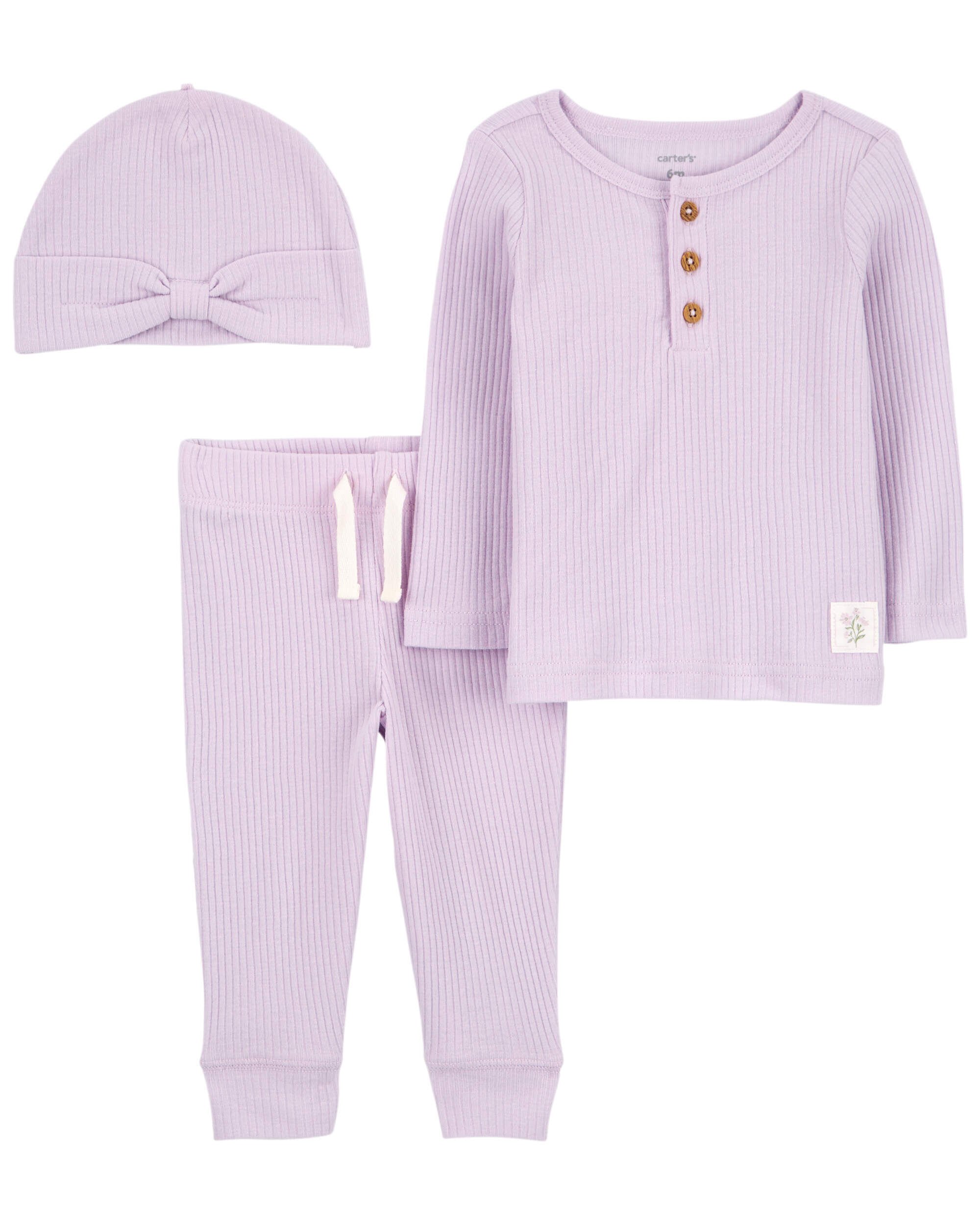 Baby 3-Piece Ribbed Outfit Set - Purple