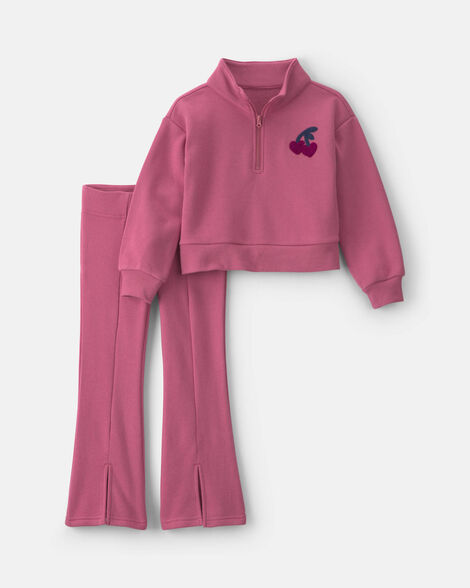 girls 2-piece cherry fleece quarter zip & pant set - pink