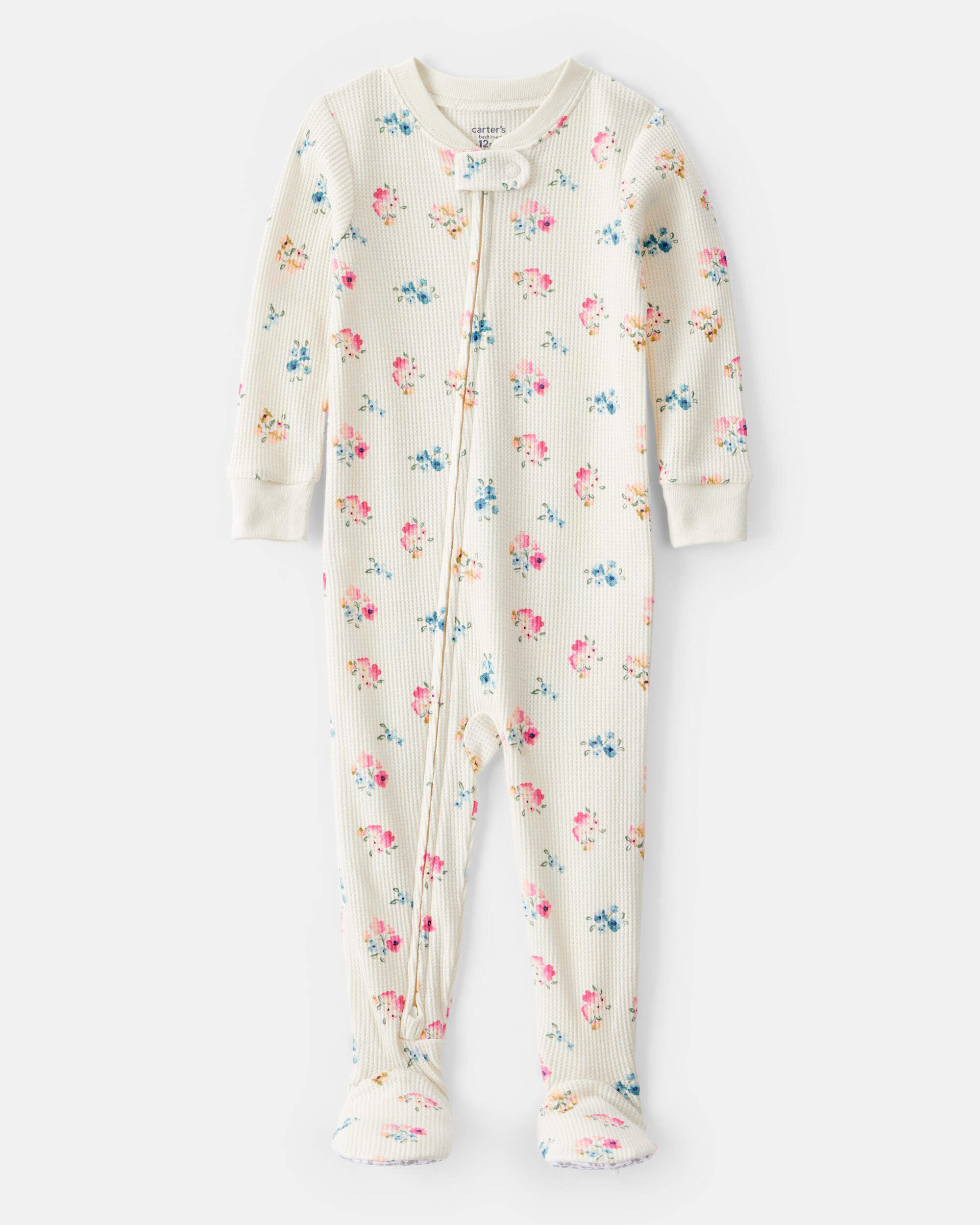 Toddler Girl Floral Cotton Long-Sleeve Snug Fit 1-Piece Pajamas - White