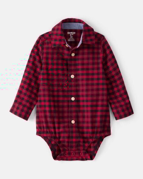 Baby Boy Plaid Cotton Long-Sleeve Button-Down Fashion Bodysuit - Red