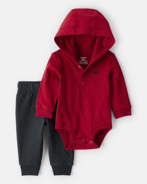 baby boy 2-piece train hooded bodysuit & pant set - red/black